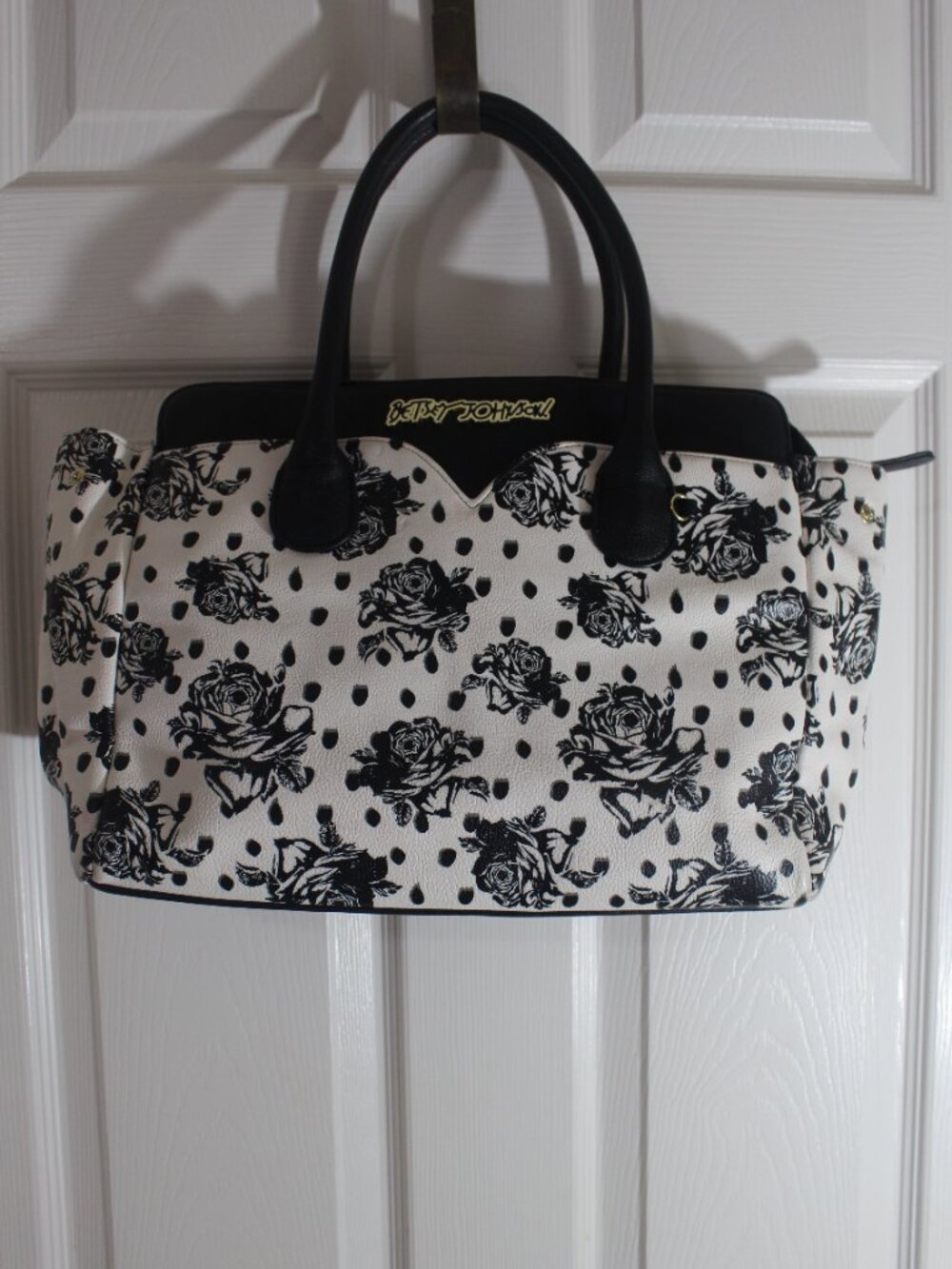 Betsey Johnson Black White Rose & Polka Dot Satchel Handbag